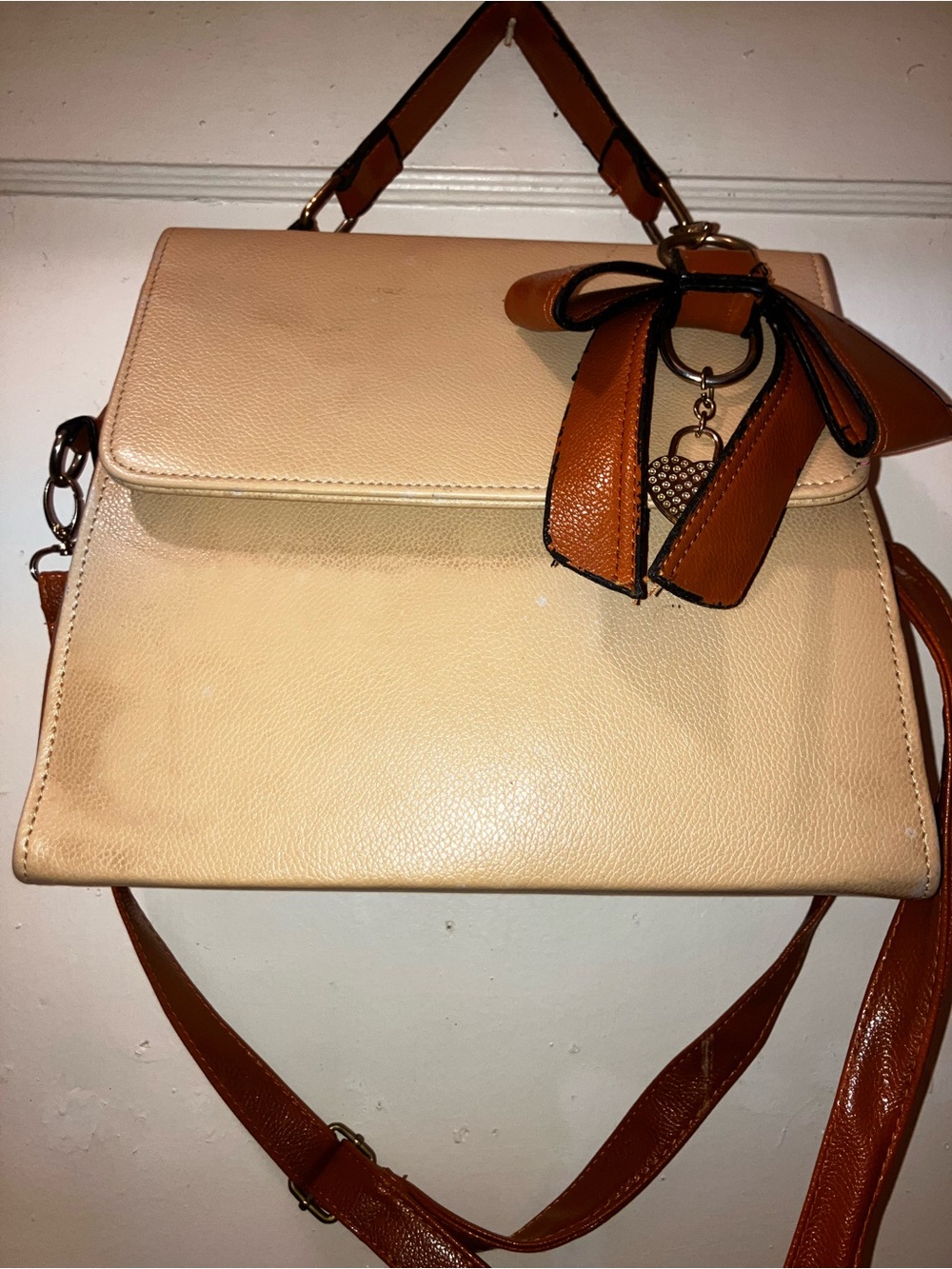 Structured Beige and Brown Top-Handle Satchel with Bow Charm